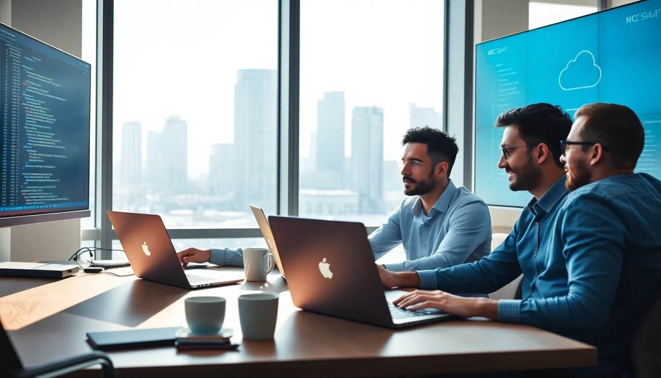 Developers collaborating on SaaS project in a modern office environment.
