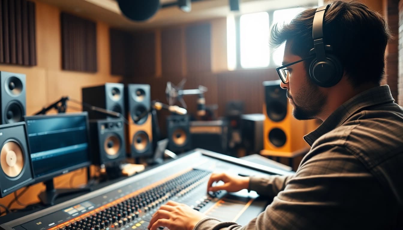 Engineer performing online audio mastering with professional equipment in a studio environment.