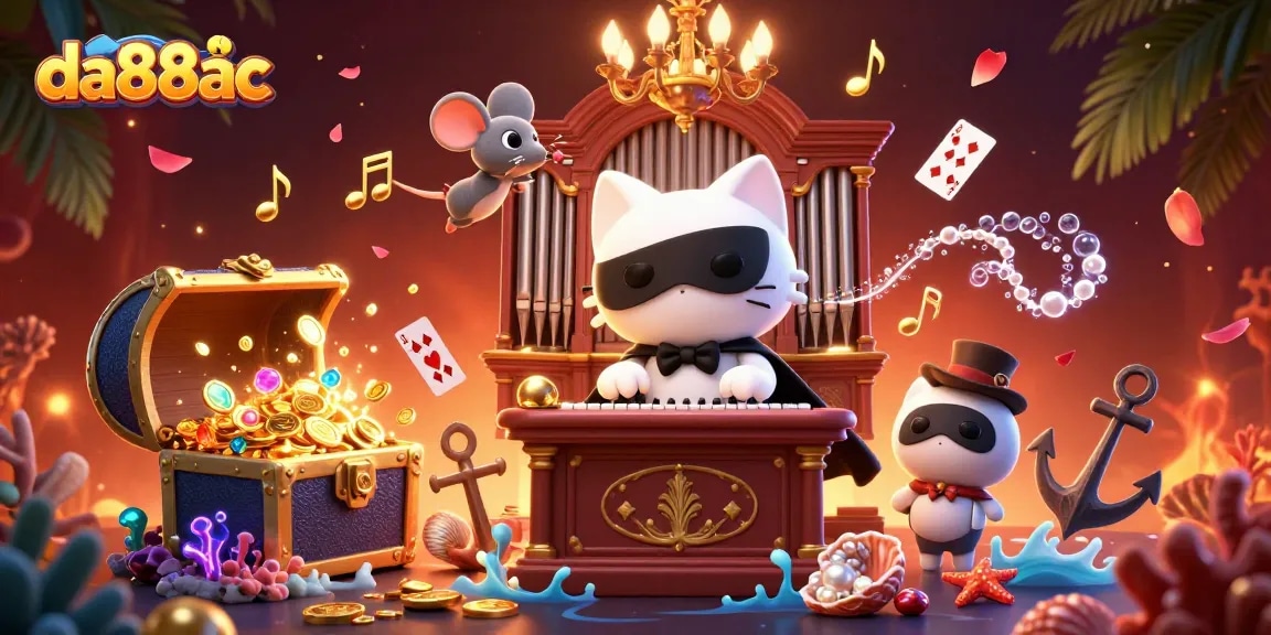 Experience the thrill of da88ac with a vibrant casino scene featuring a phantom cat, mouse acrobat, and treasures.