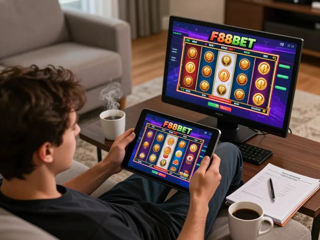 Player enjoying F88BET online slots on a tablet, cozy home environment enhancing gaming experience.