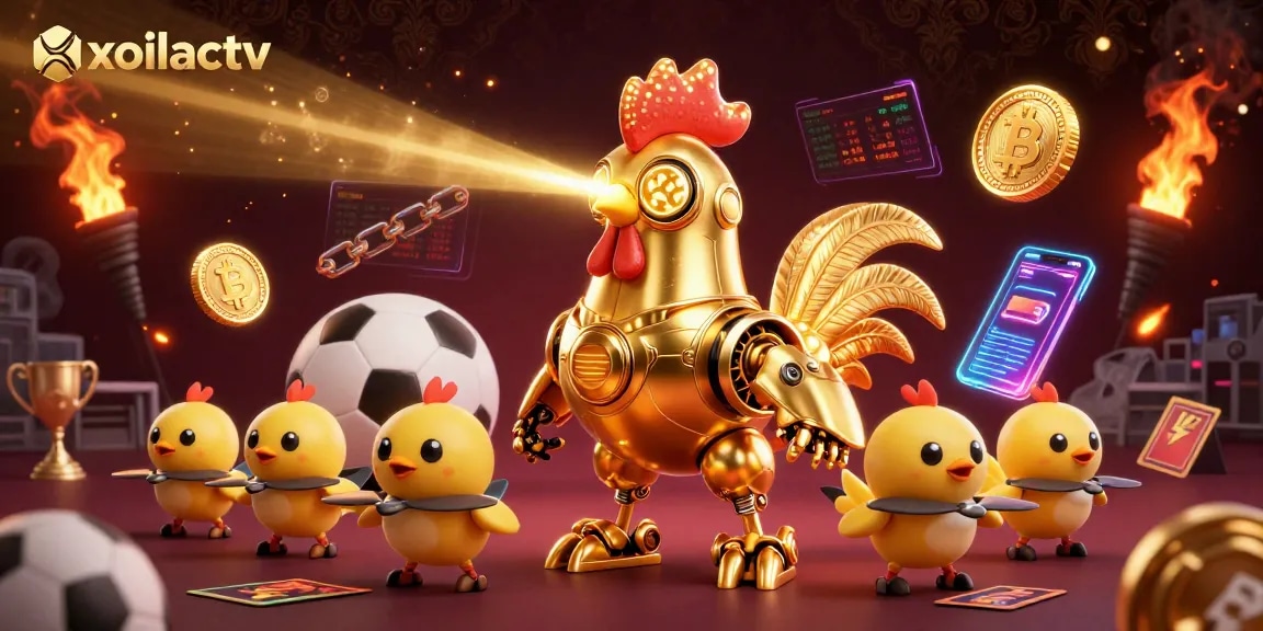 Experience sports betting excitement with xoilactv featuring a futuristic golden rooster and vibrant gaming elements.