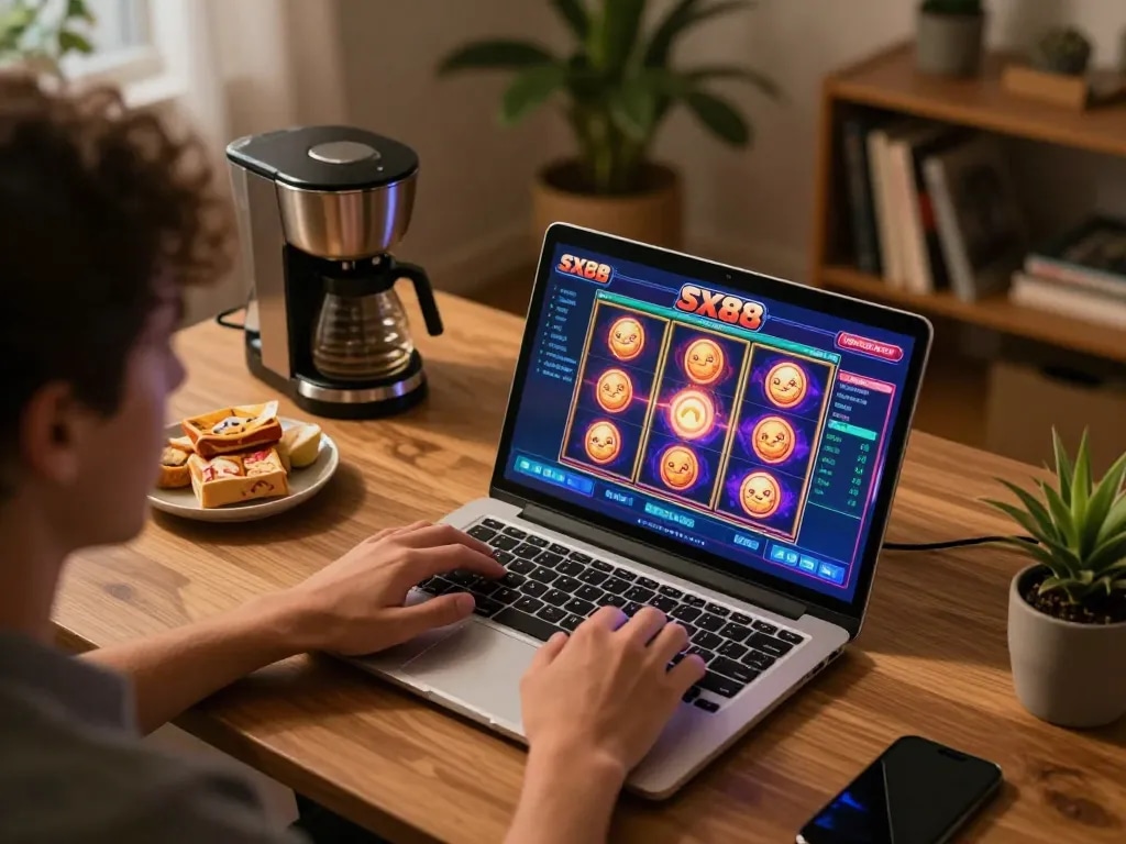 SX88 slot machine interface displayed on a laptop during a cozy home gaming session.