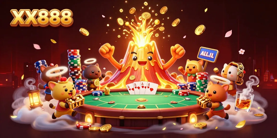 Experience thrilling wins at XX888 with a vibrant casino scene featuring a golden volcano and poker elements.
