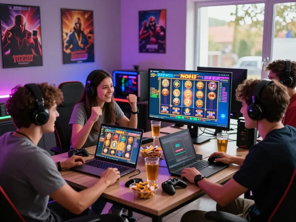 NoHu gaming scene with friends enjoying slot games, snacks, and vibrant atmosphere.