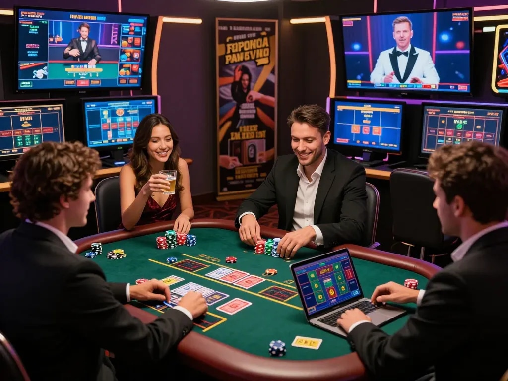 Friends enjoying a live dealer game at an elegant online casino setup at https://nohu78.de.com, showcasing chips and cards in an exciting atmosphere.