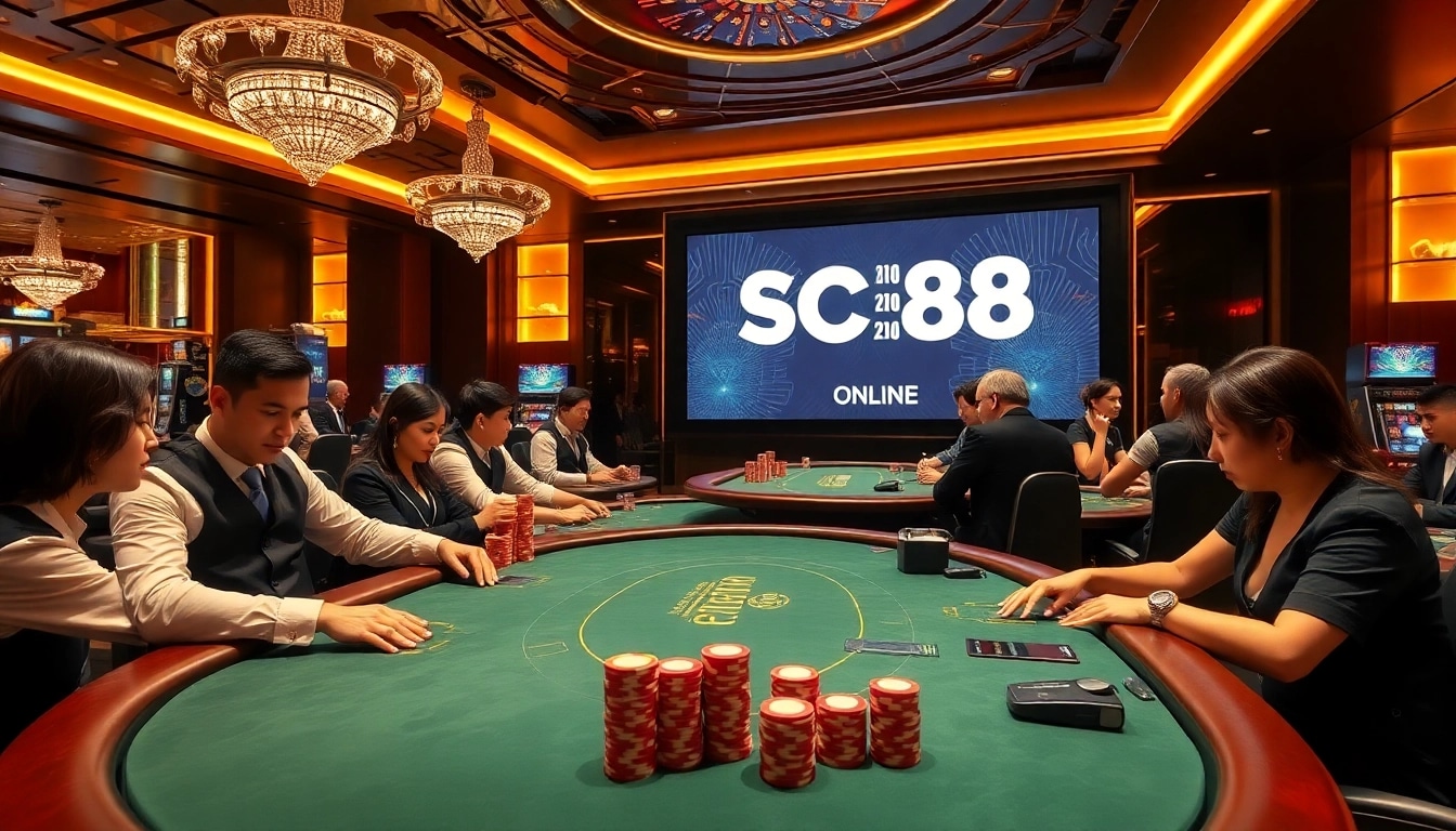 SC88 logo prominently featured in a vibrant casino setting with poker tables and excited players.