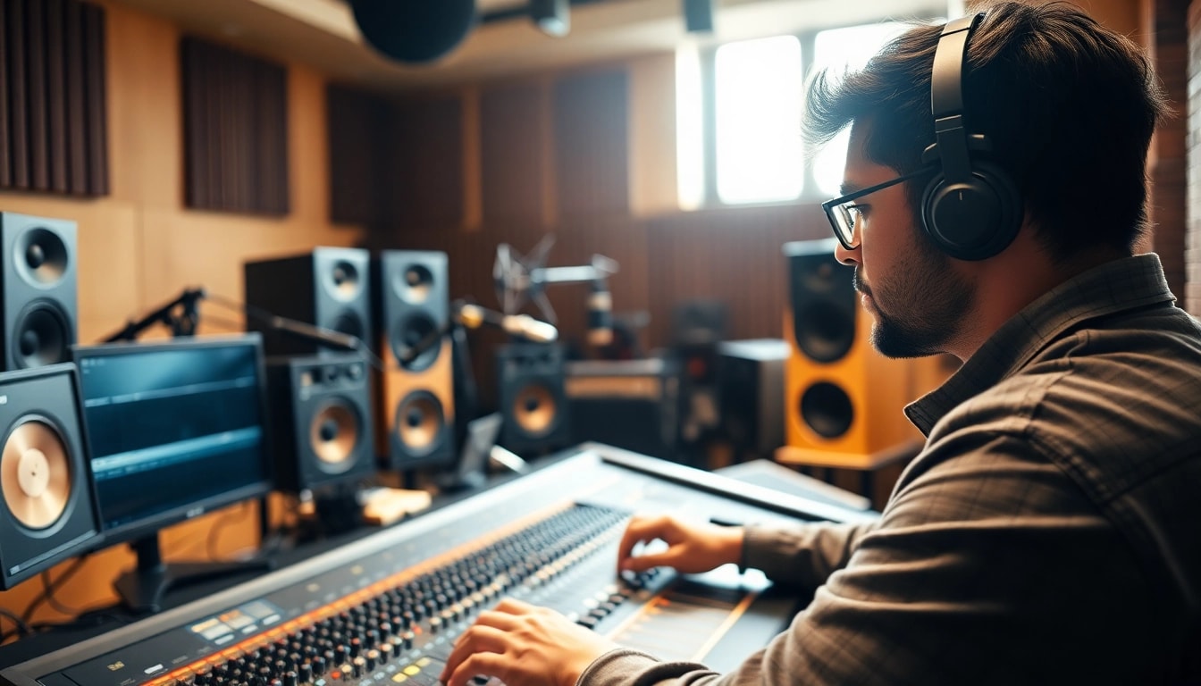 Engineer performing online audio mastering with professional equipment in a studio environment.