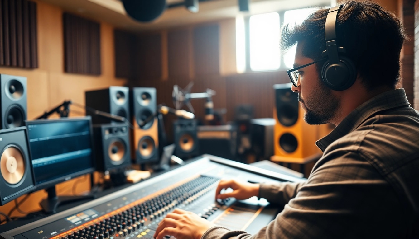 Engineer performing online audio mastering with professional equipment in a studio environment.