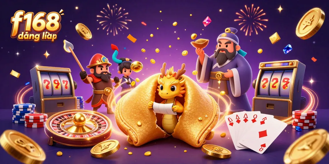 Experience the thrill of f168 đăng nhập with a vibrant scene filled with dragons, golden cookies, and casino elements.