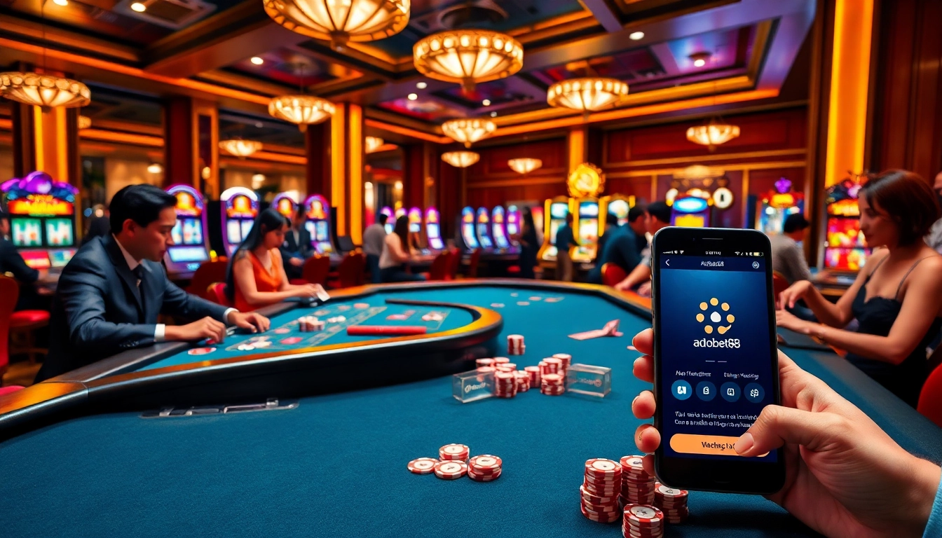 Experience the excitement of adobet88 with vibrant casino tables and engaging slot machines.