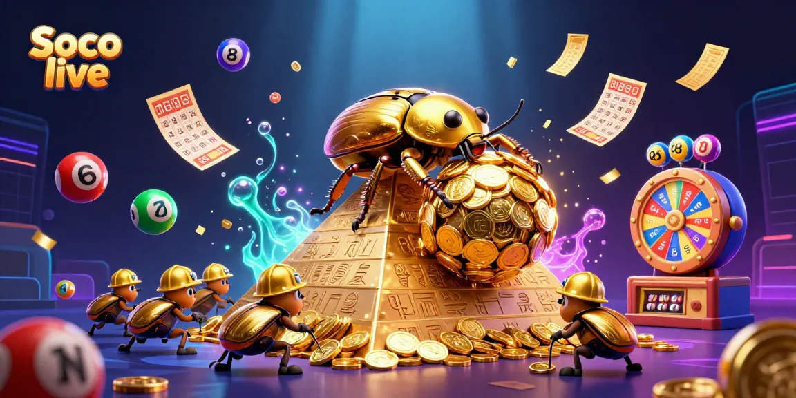 Soco live showcases an energetic scene with golden beetles rolling coins and lottery elements, enhancing gambling excitement.