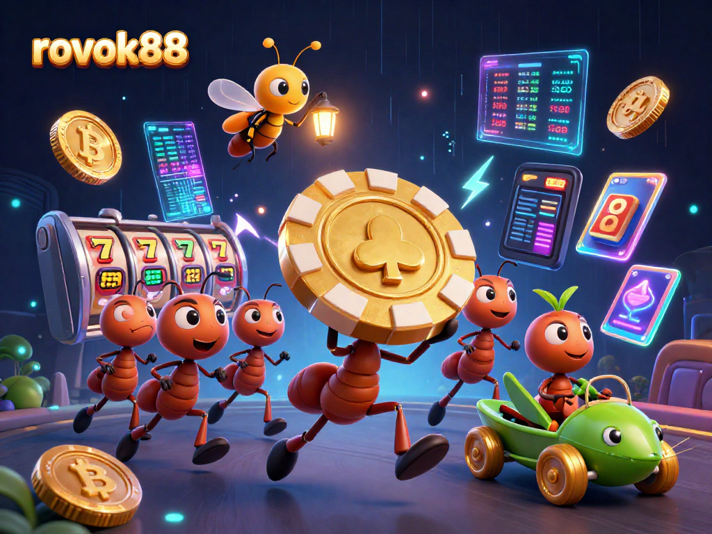 Watch the rokok88 heist as animated ants carry a giant poker chip through a neon casino setting.
