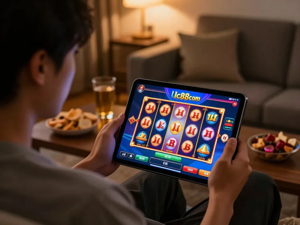 Player engaging with the lc88 com slot game app on a tablet in a cozy, well-lit living room