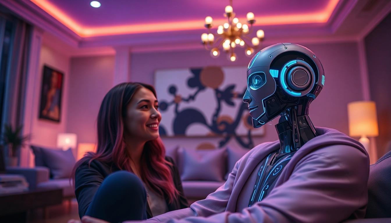 Engaging scene of a user interacting with a humanoid AI chatbot for sex ai chat in a modern living room