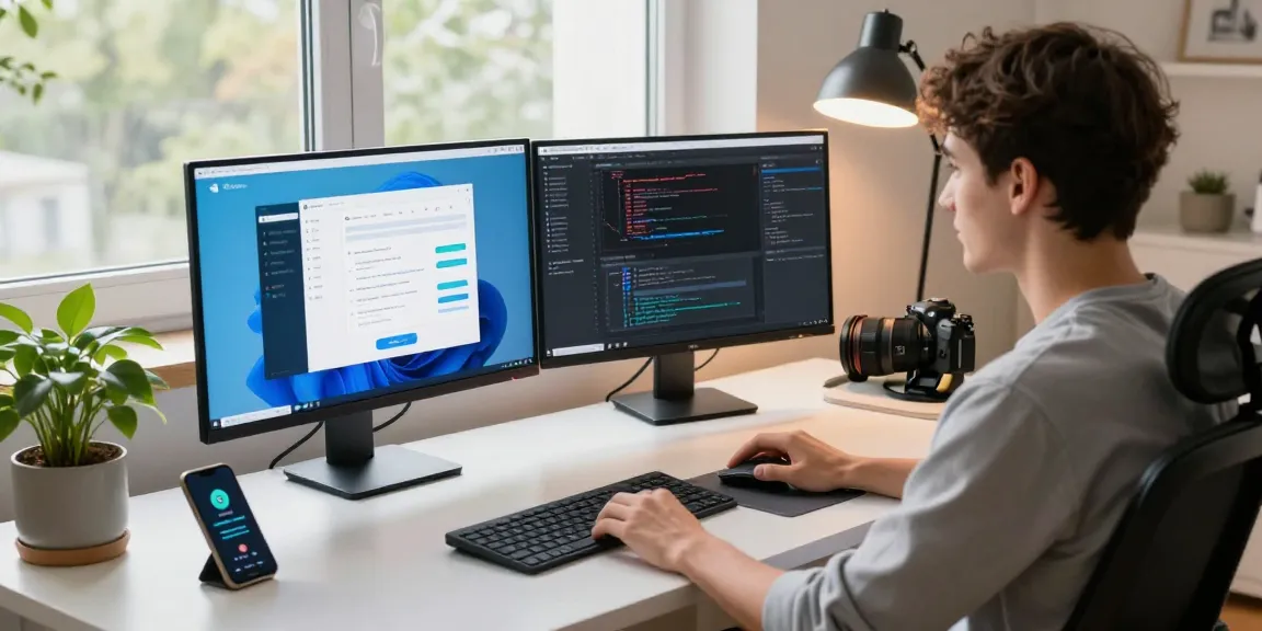 Developer navigating the Telegram web version on multiple screens in a cozy workspace.