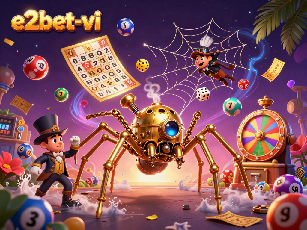 E2bet-vi brings excitement alive with a steampunk spider, whimsical characters, and dynamic gambling elements in a vibrant casino scene.