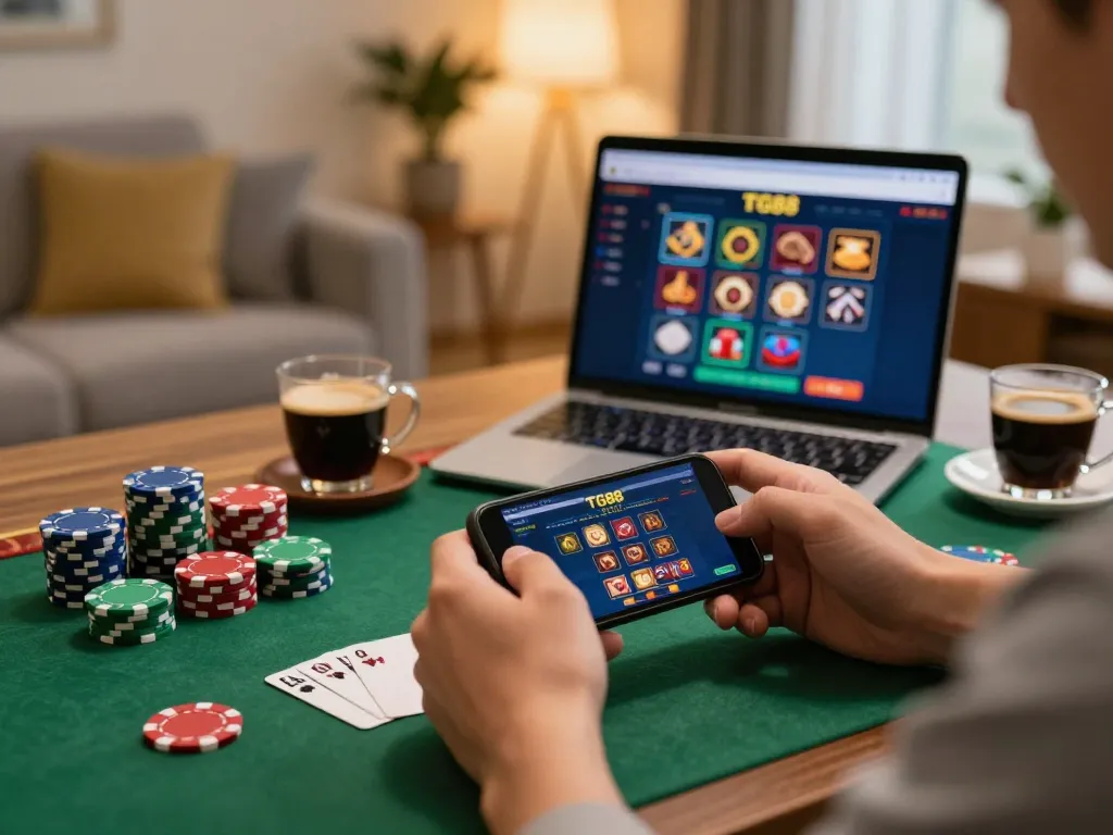 Player engaging in online gaming on TG88 mobile app, showcasing strategic betting in a cozy setting