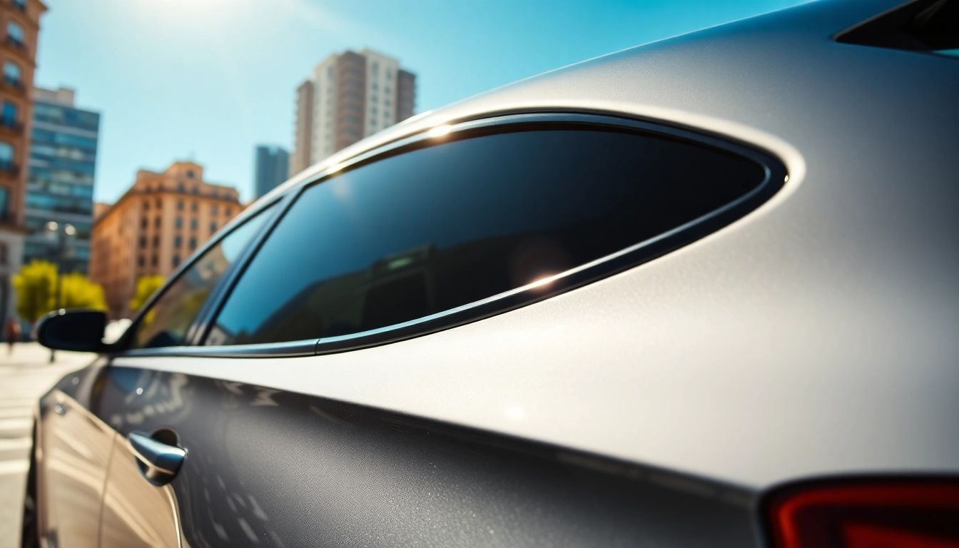 Car showcasing ceramic window tint in a bright urban setting with a glossy finish.