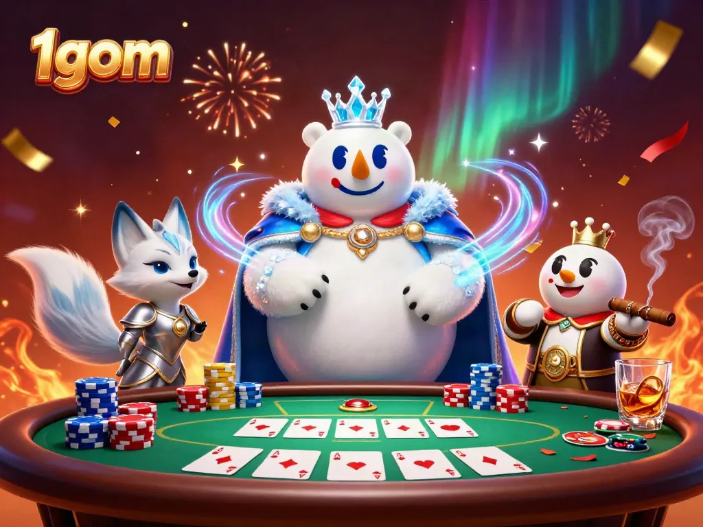 Experience the thrill of 1gom gaming with energetic casino characters surrounded by poker elements.