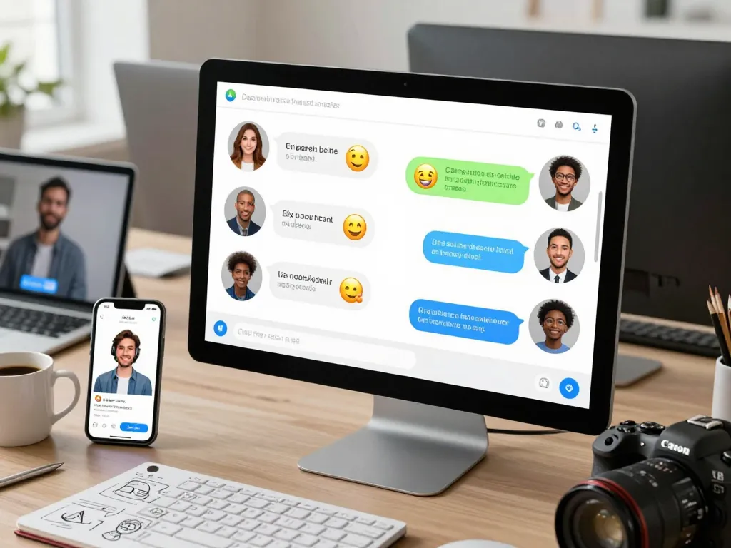Engaging scene of sex ai chat interface with diverse chatbots in a modern digital workspace, portraying lively interactions.