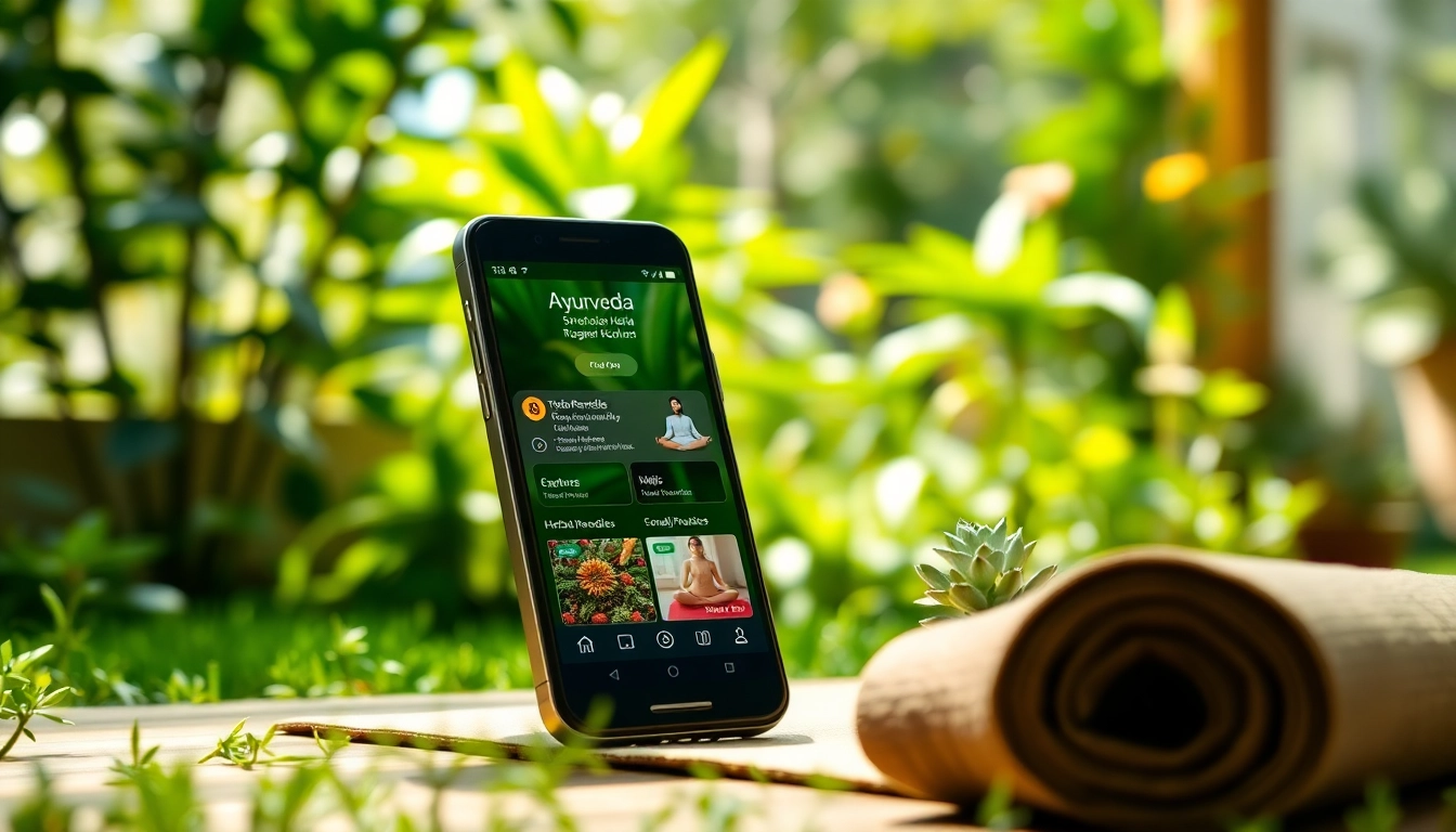 Explore the Ayurveda Mobile App features seamlessly integrated within a serene outdoor setting.