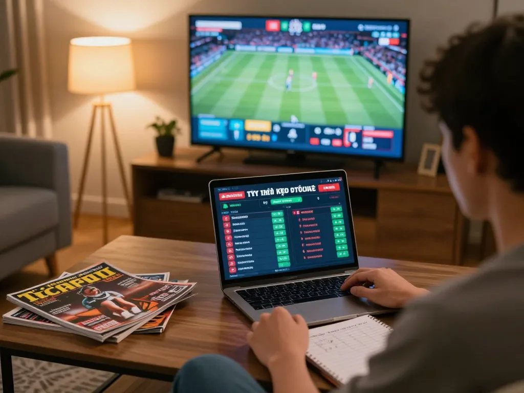 Betting enthusiast analyzing tỷ lệ kèo trực tuyến on a laptop in a cozy home setting while watching sports.