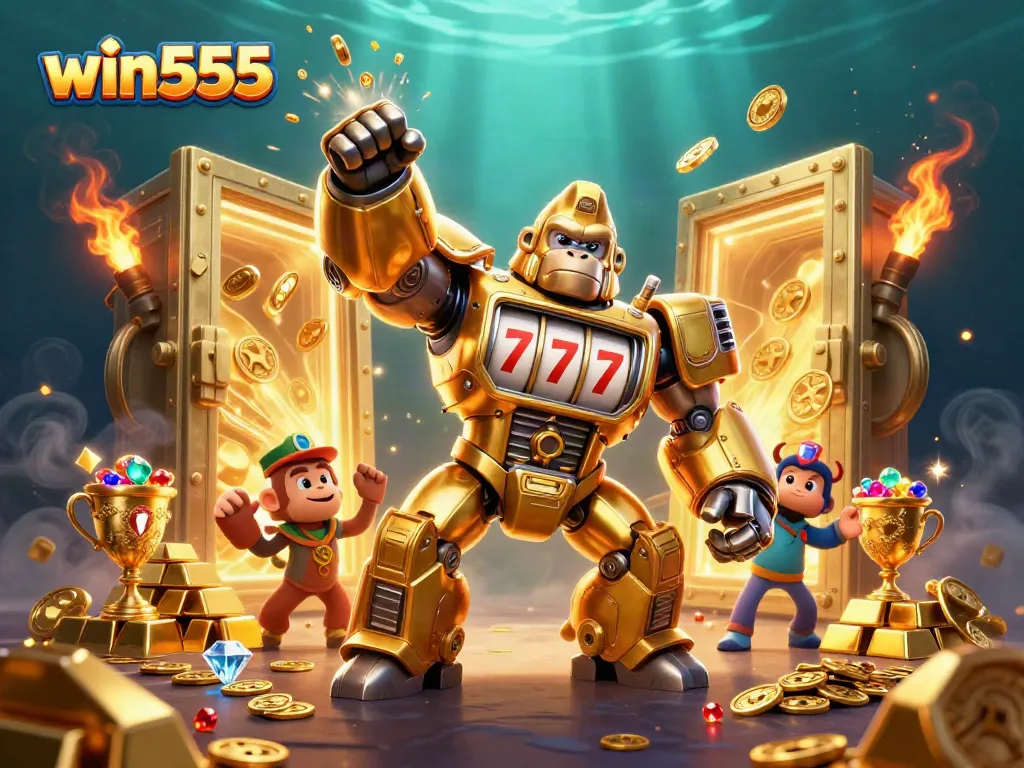 Experience win555 thrills with a dynamic golden gorilla mech surrounded by treasures and slot elements.