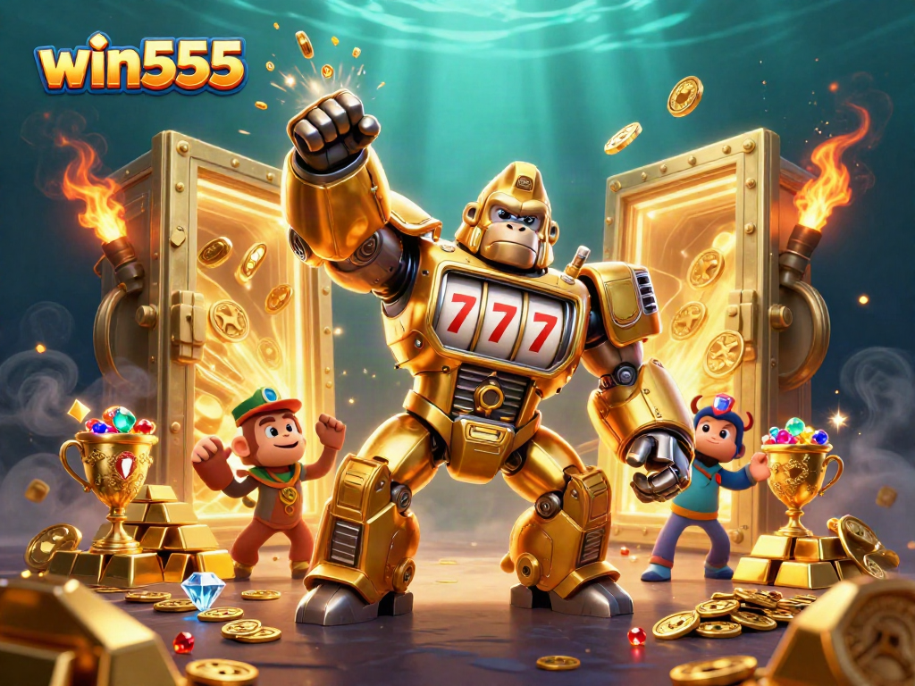 Experience win555 thrills with a dynamic golden gorilla mech surrounded by treasures and slot elements.
