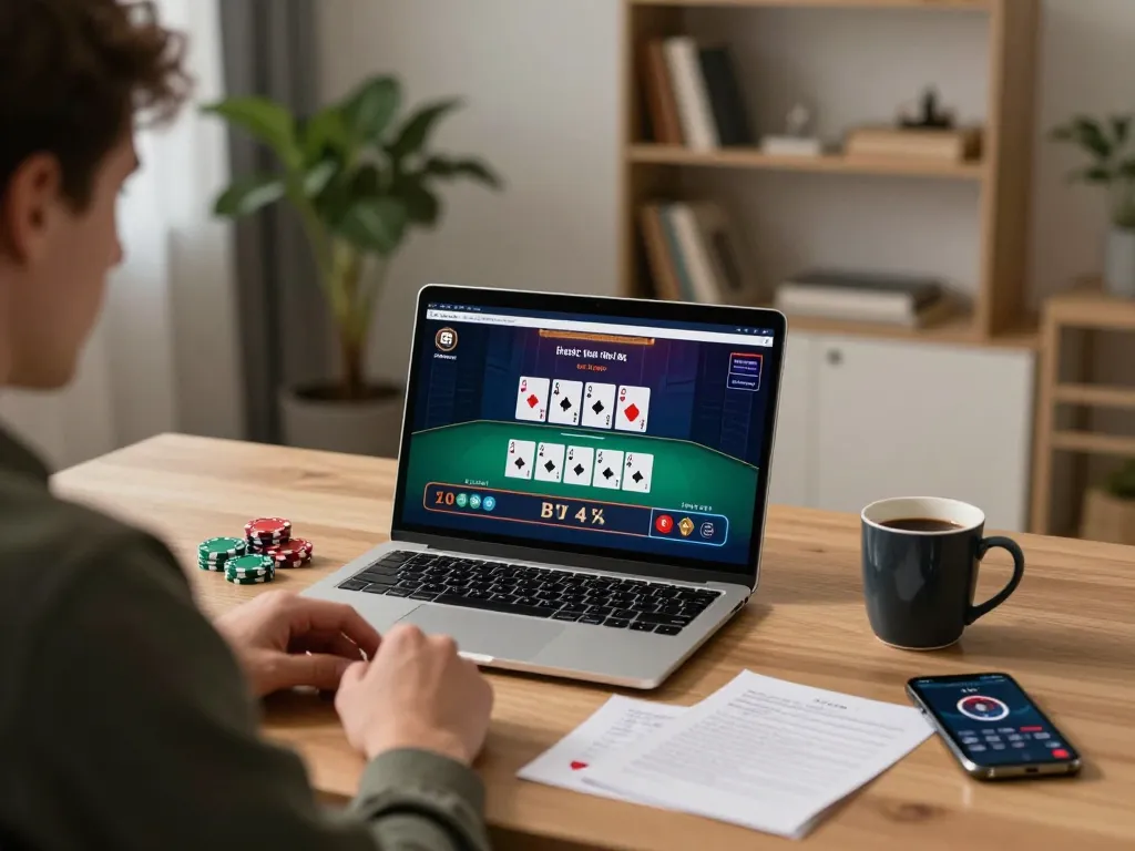 Engaged player enjoying a live blackjack game on their laptop for 789betviet, showcasing strategic gameplay.