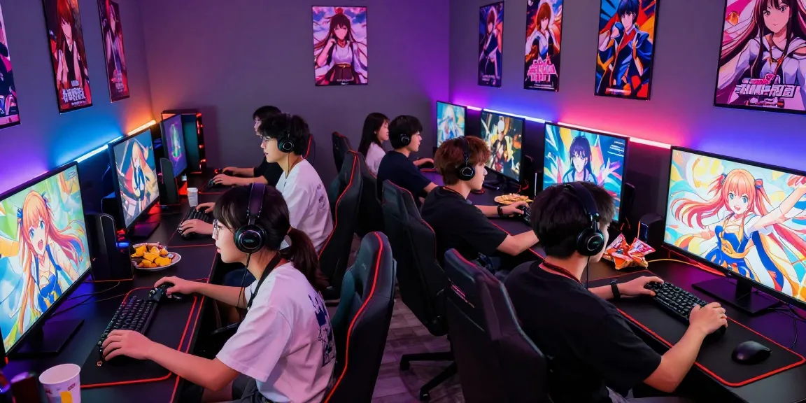 Friends enjoying a competitive hentai game night with colorful visuals and gaming setup.