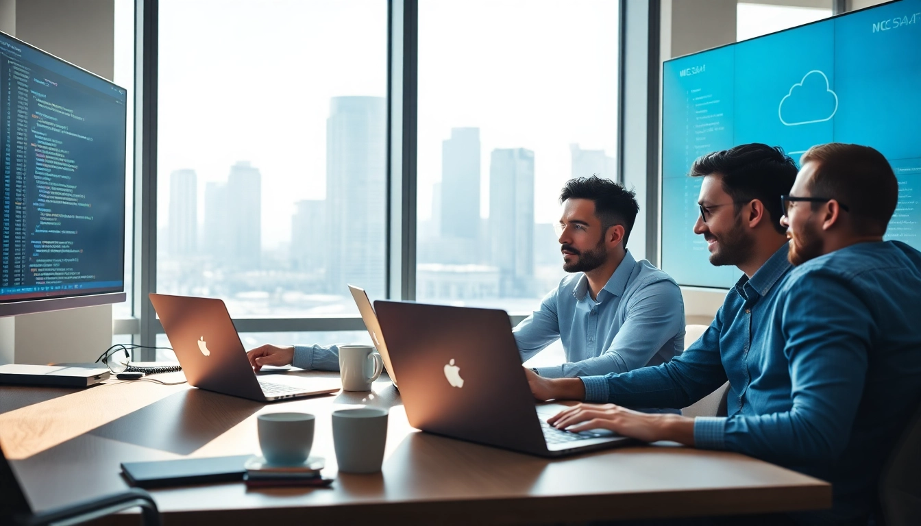 Developers collaborating on SaaS project in a modern office environment.