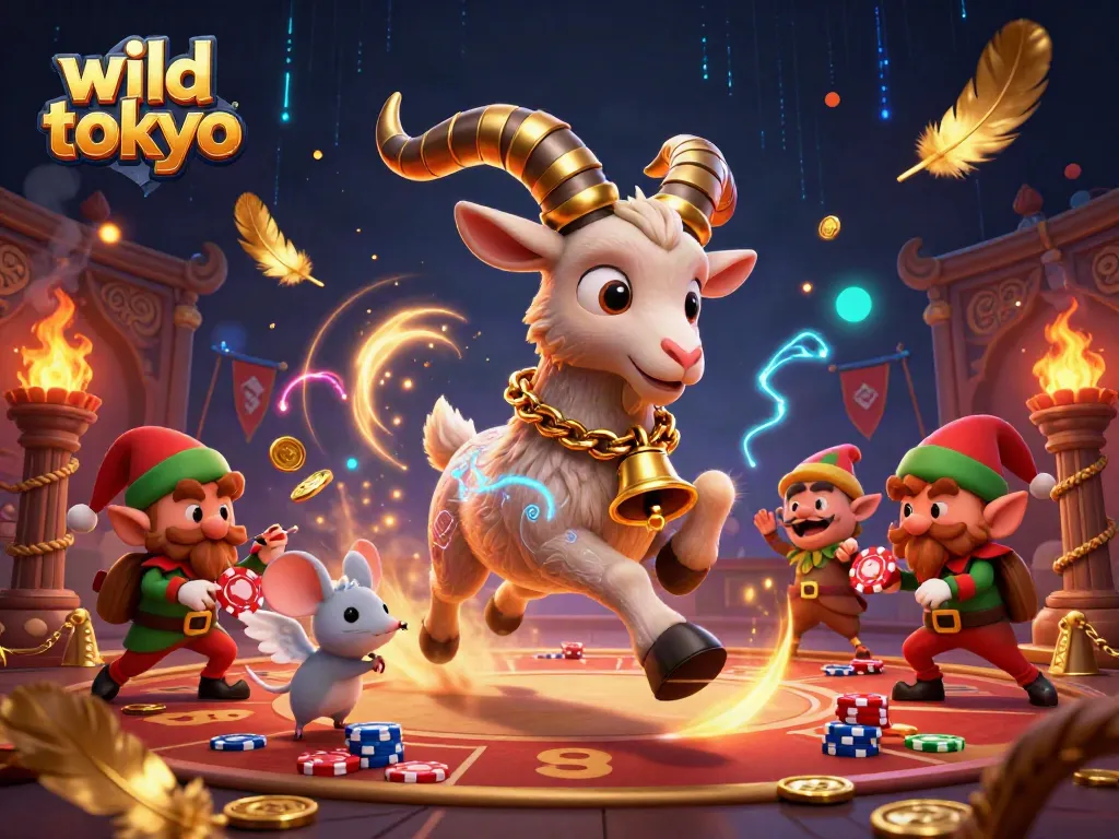 Experience the excitement at wild tokyo casino with a festive 3D rendering of a Krampus goat and playful characters.