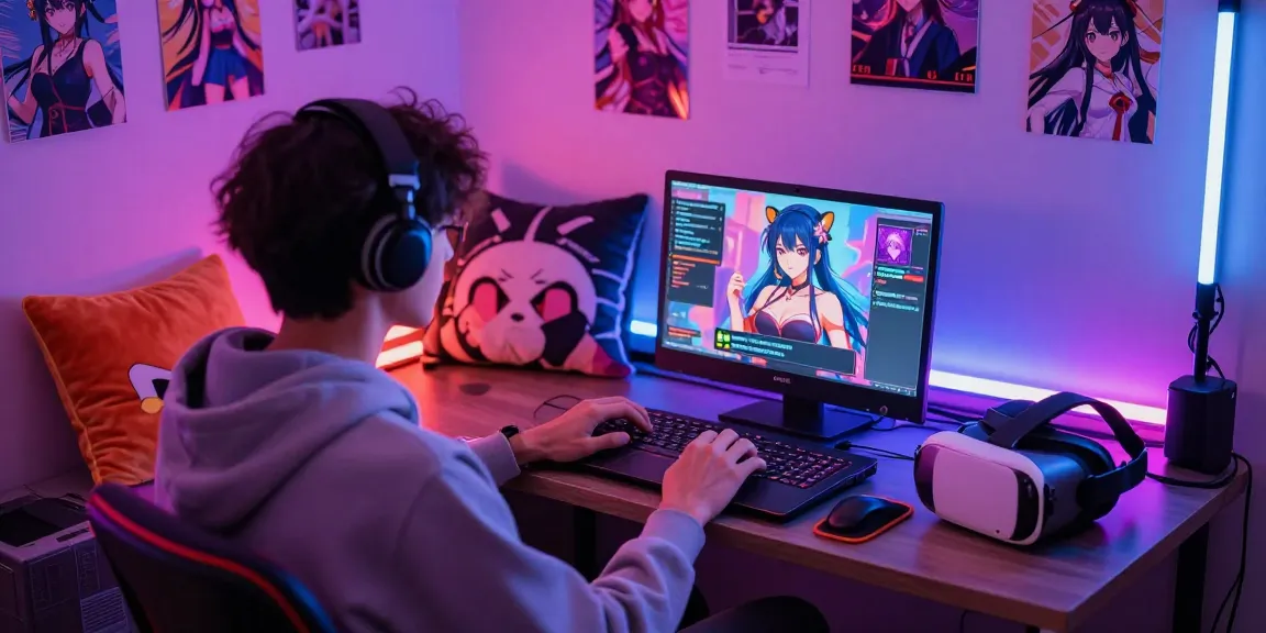 Engaging AI hentai chat scene with user immersed in animated character interactions within a cozy gaming environment.