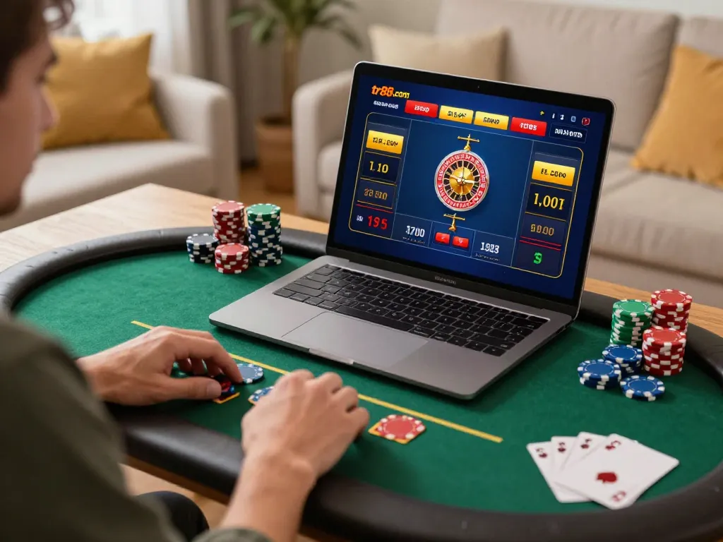 Player engaging with live roulette at TR88 online casino, demonstrating strategic gameplay and excitement in a cozy home setup.