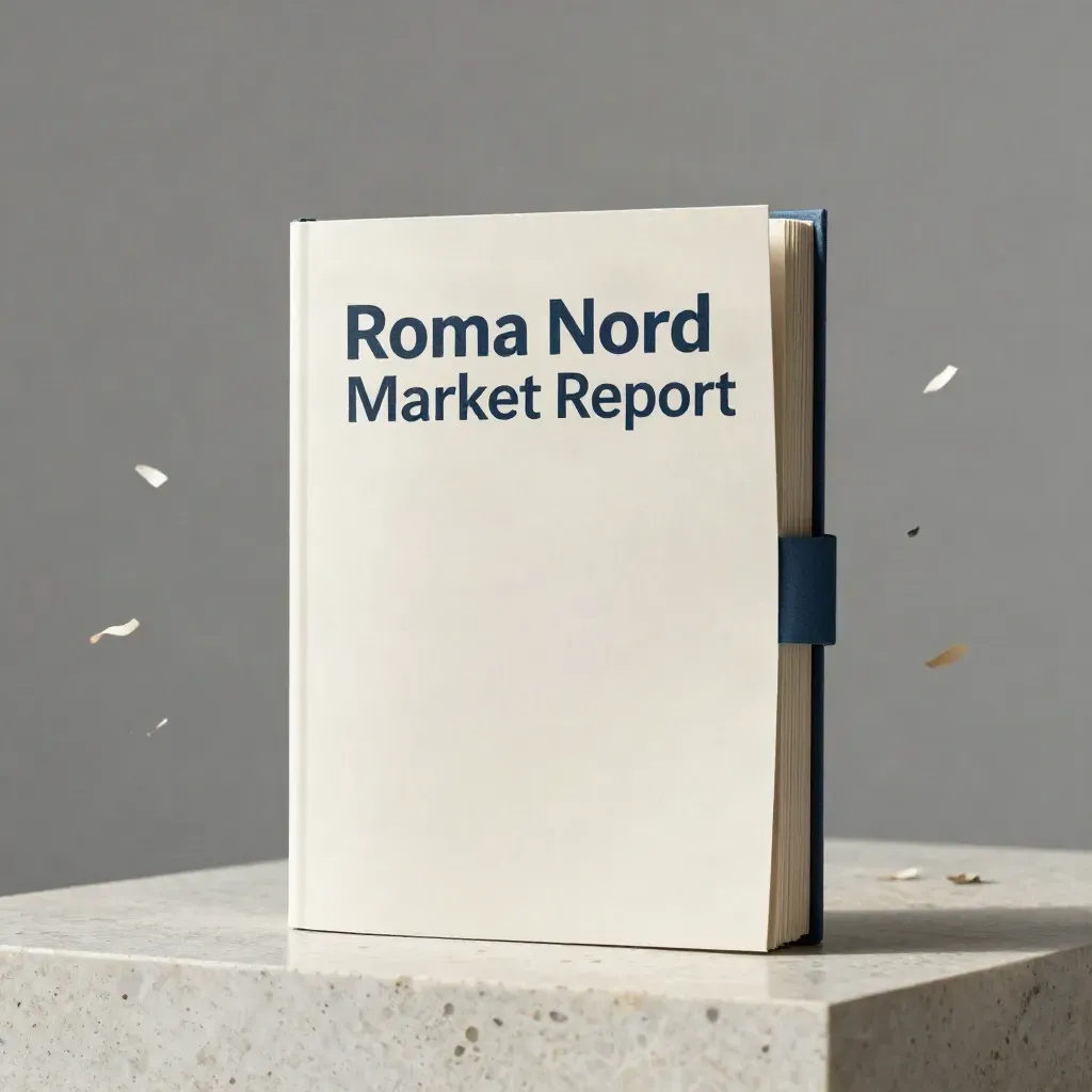 Booklet report immobiliare sospeso con frammenti di carta su fondo grigio