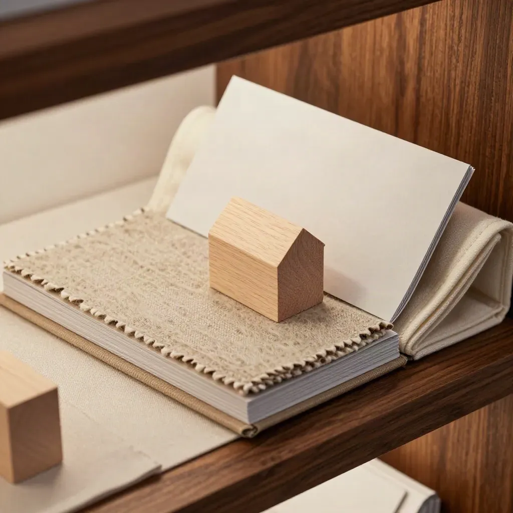 Libro campione, scampolo di lana e casetta in legno in un nido di tessuto chiaro.
