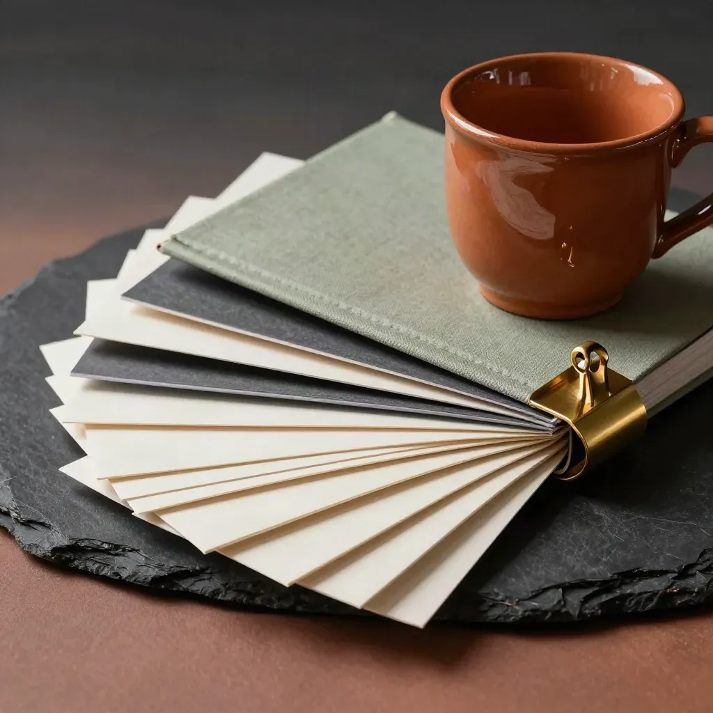 Folio casa aperto con tazza terracotta, notebook salvia e dettagli ottone su sfondo scuro