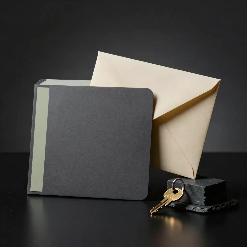 Kit per caparra affitto con cartella, busta sigillata, portachiavi in ottone e fermacarte in ardesia.