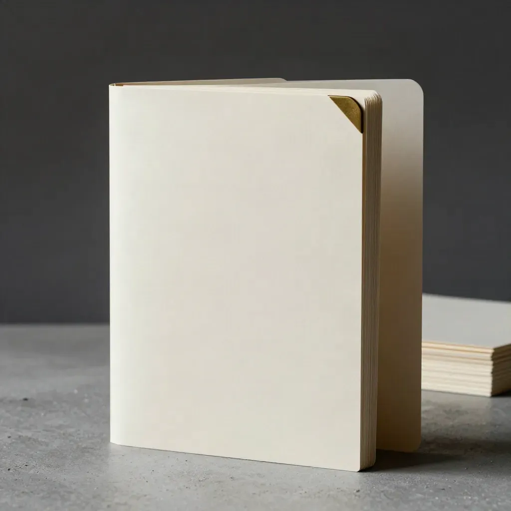 Cartella venditore minimal con inserti e angolo in ottone su sfondo scuro.