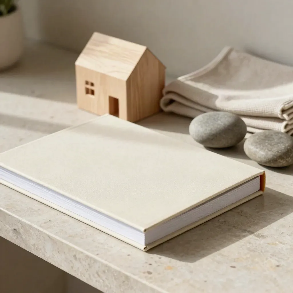 Booklet crema, blocco casa in legno, campione tessile e ciottoli su mensola in pietra chiara.