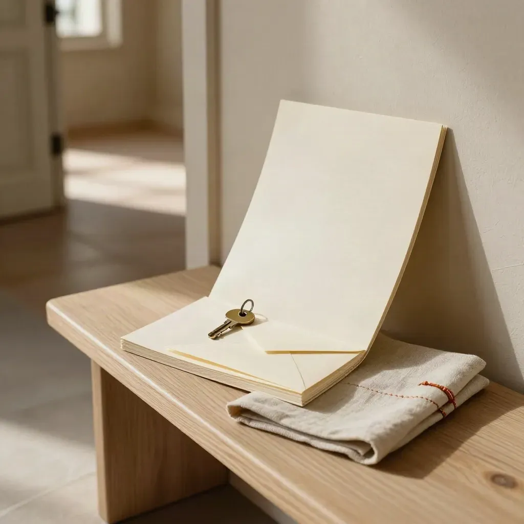 Kit locatore su panca d’ingresso con folio, chiavi, busta e lino in luce morbida