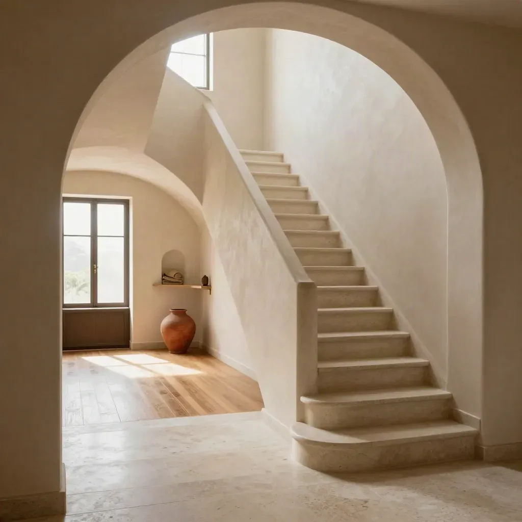 Ingresso residenziale con arco, scala e luce morbida su pietra e travertino.