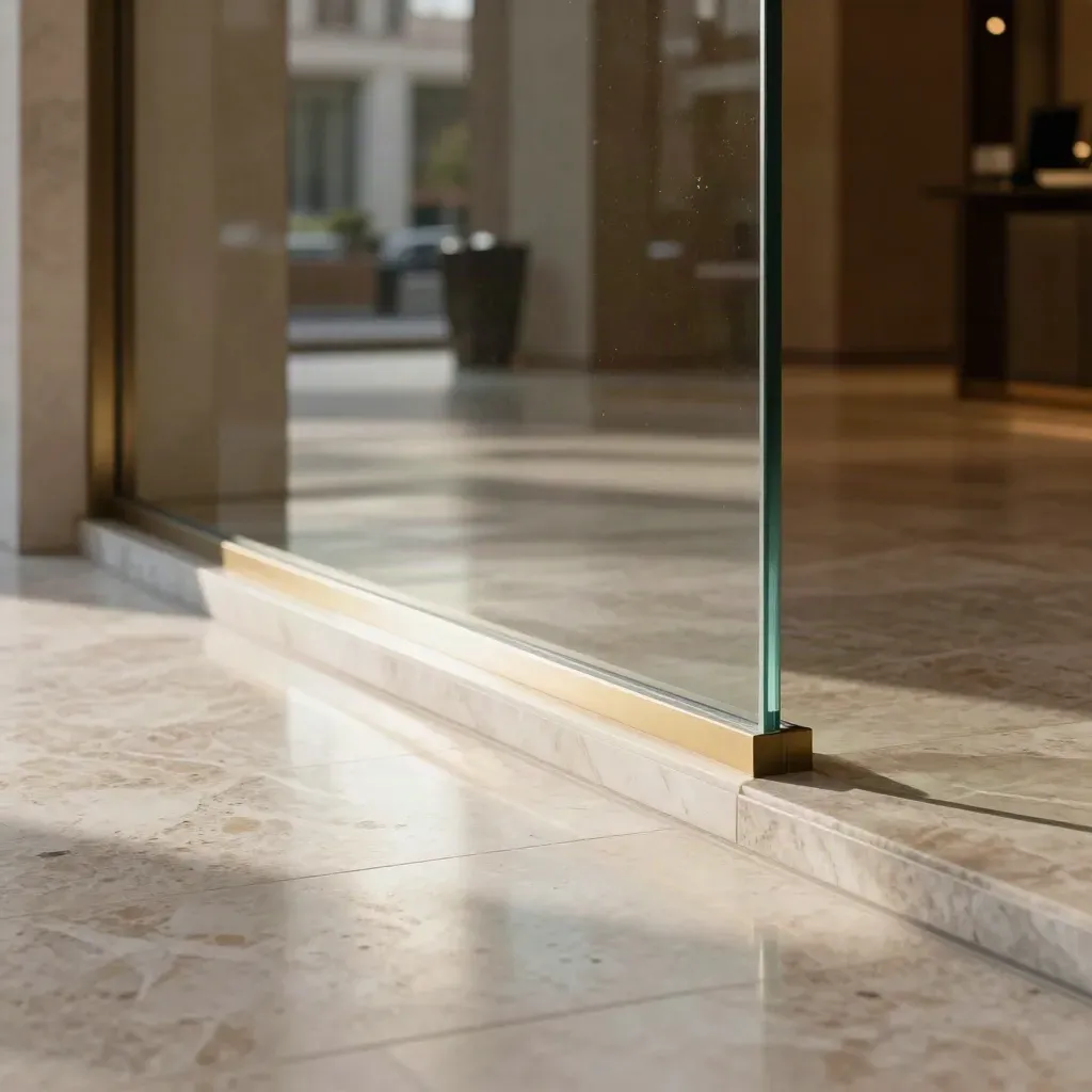 Lobby moderno in marmo con luce mattutina e riflessi eleganti