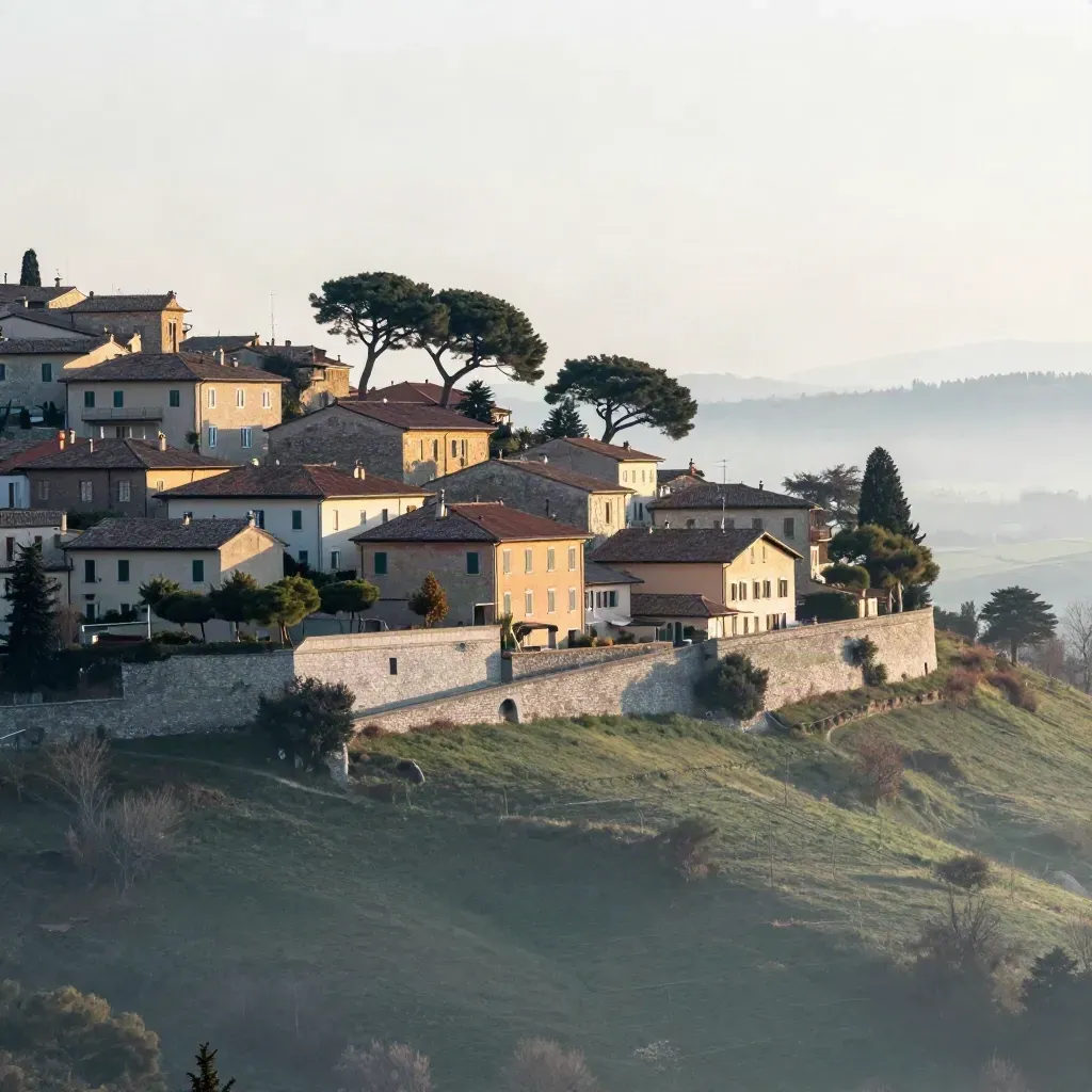 Veduta collinare con tetti in cotto, pini e balaustra in pietra avvolti da una lieve foschia costiera.