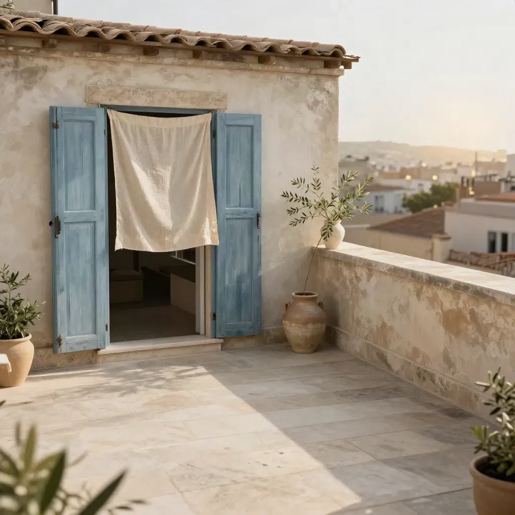 Terrazza sul tetto al tramonto con porte a persiana e luce dorata