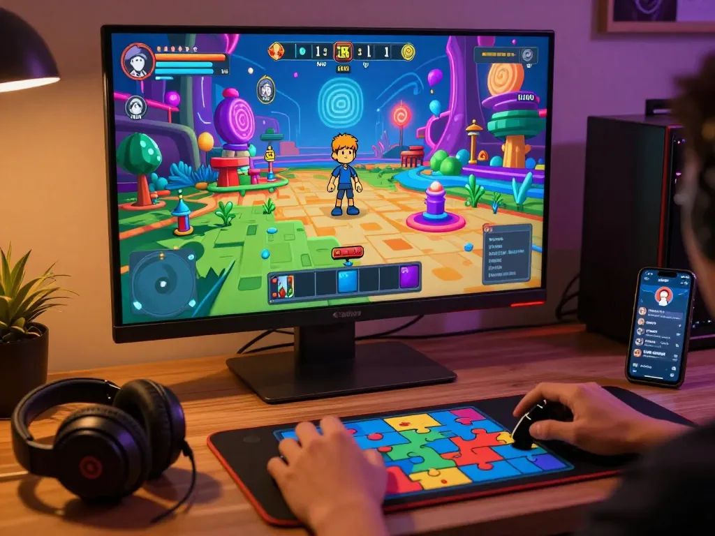 Engaging mind control porn gaming scene with animated character navigating colorful puzzles.