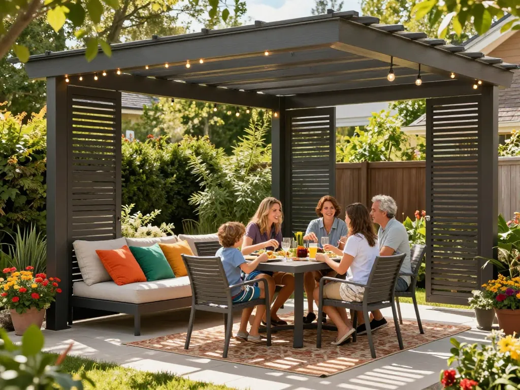 Stupenda cena all'aperto sotto una pergola che mostra il software innovativo configuratore pergole.