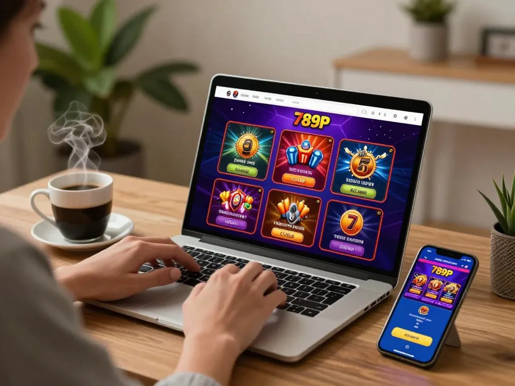 Engaging with https://789p1.de.com in a cozy home office, showcasing online casino games and vibrant decor.