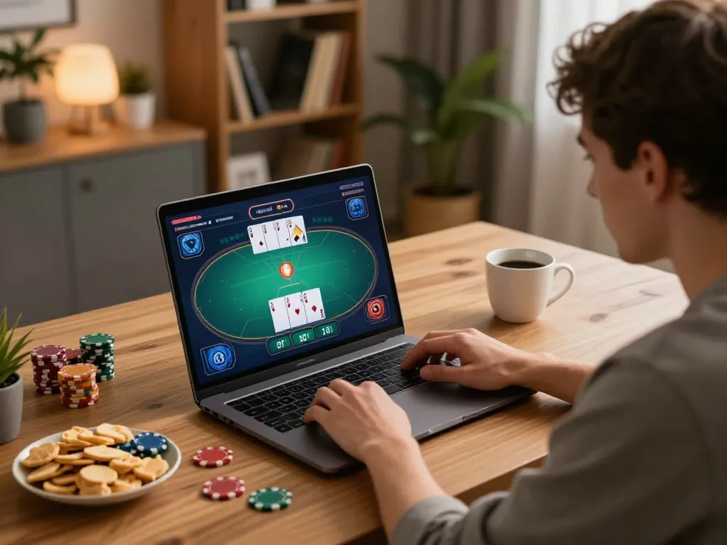 Engage in online poker at https://mm88.vin/ with vibrant gameplay on a stylish laptop in a cozy home setting
