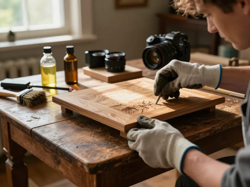 Eliminare tarli ispezionando i mobili in legno con soluzioni naturali in una casa illuminata dal sole.